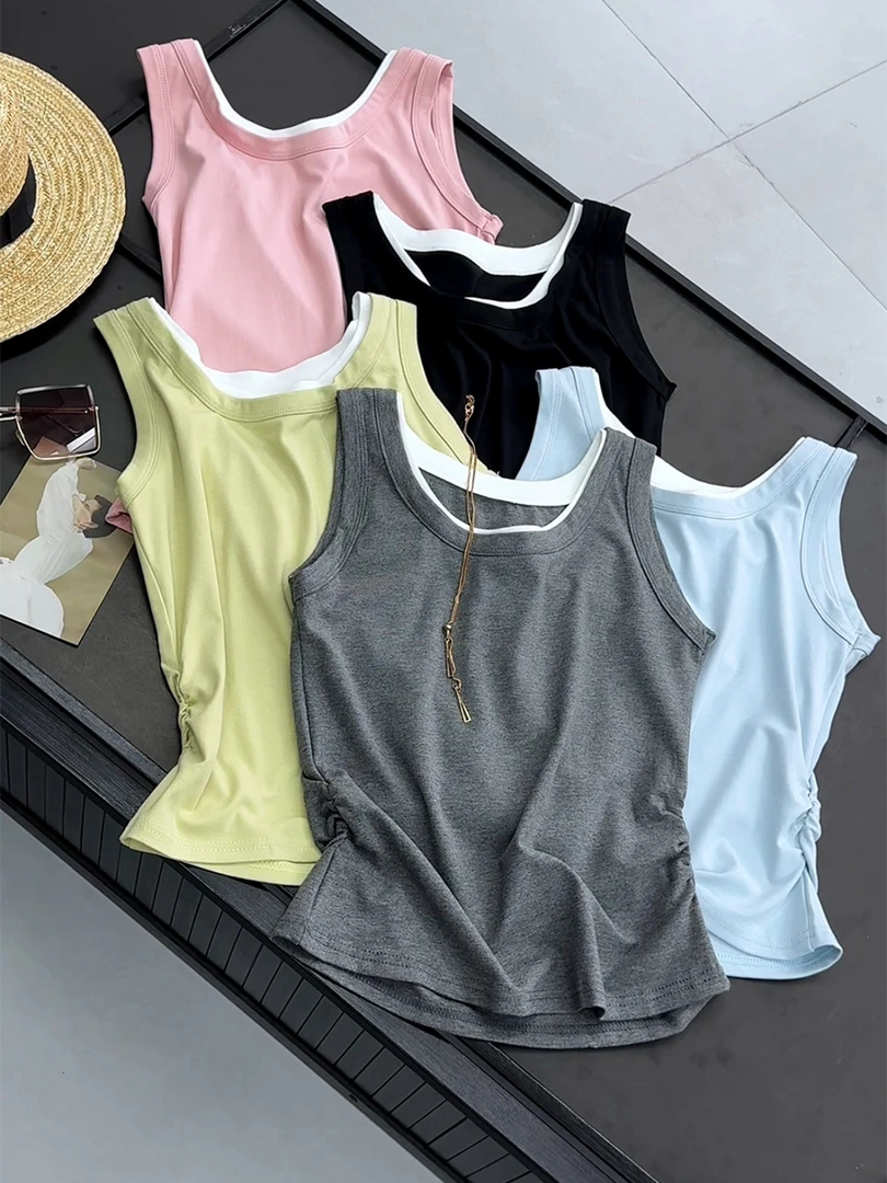 2025新款假两件T恤背心女夏遮副乳设计感小吊带无袖褶皱打底
