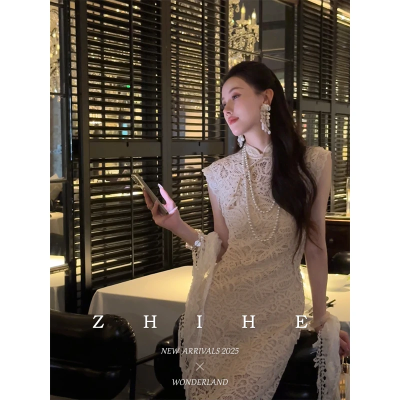 无艳一禾【声声慢】静奢千金重工100棉绳绣白色旗袍女连衣裙