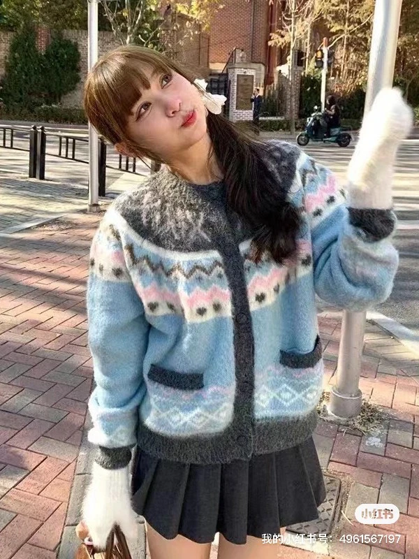 蓝色费尔岛针织毛衣外套女秋冬vintage日系慵懒加厚开衫冬季穿搭