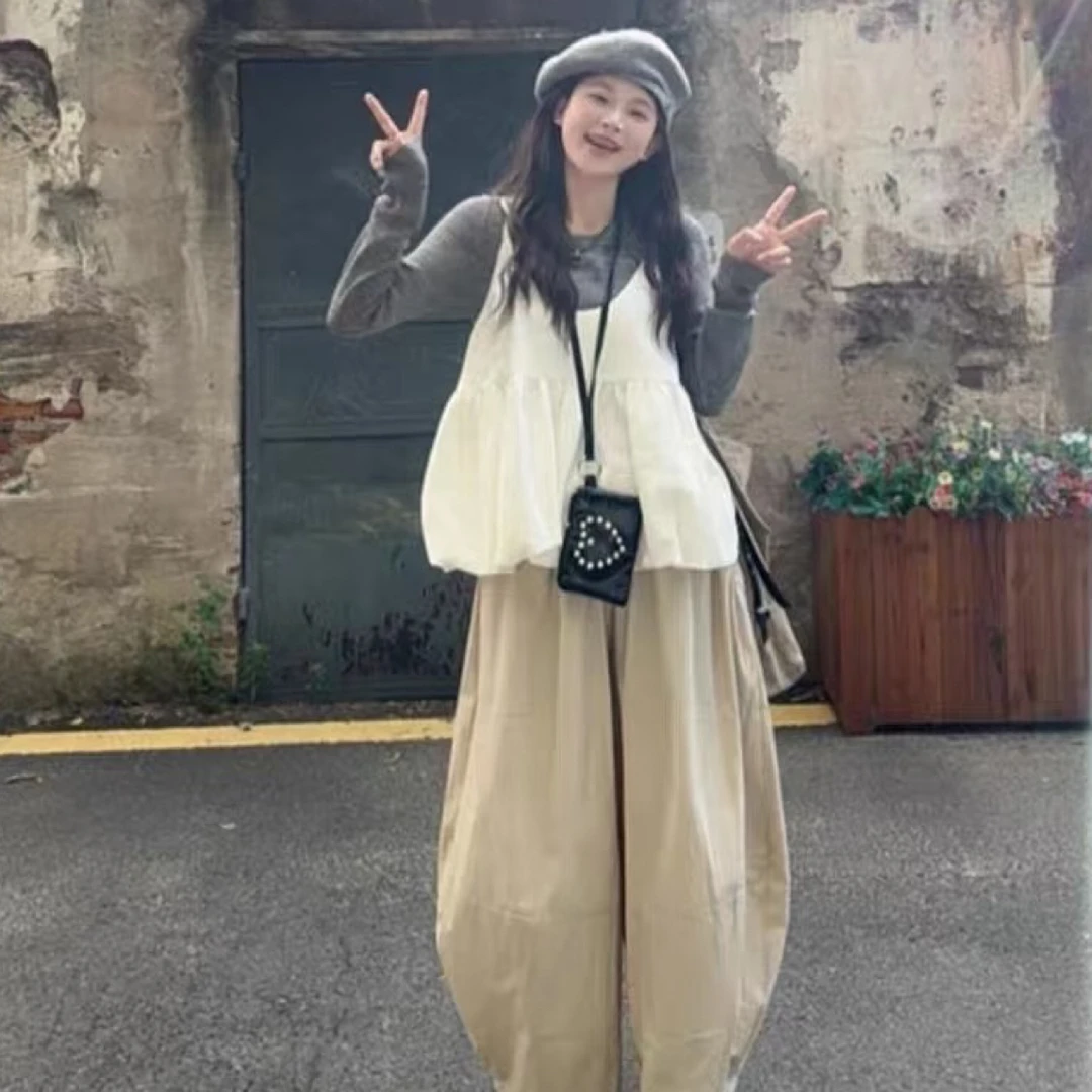 早秋新品韩系上衣+花苞吊带+阔腿裤三件套废土风通勤遮肉爆款