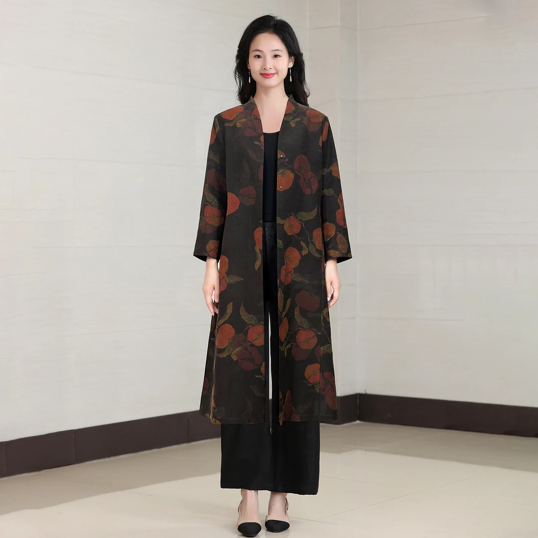 D2026F8A19真丝龟裂纹香云纱风衣女装中国风秋季新款纯色外套