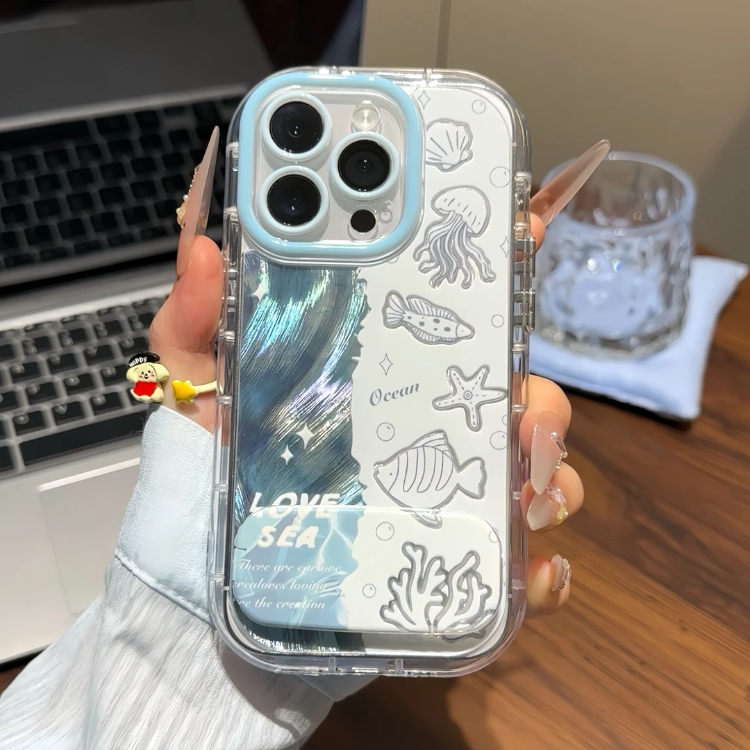 海洋小鱼镜面支架适用苹果16promax手机壳15小米14vivo华为70oppo