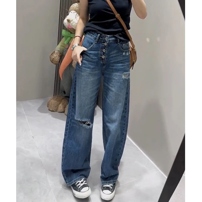 蓝色牛仔裤女士2025夏季新款爆款裤子显瘦长裤高腰破洞直筒阔腿裤