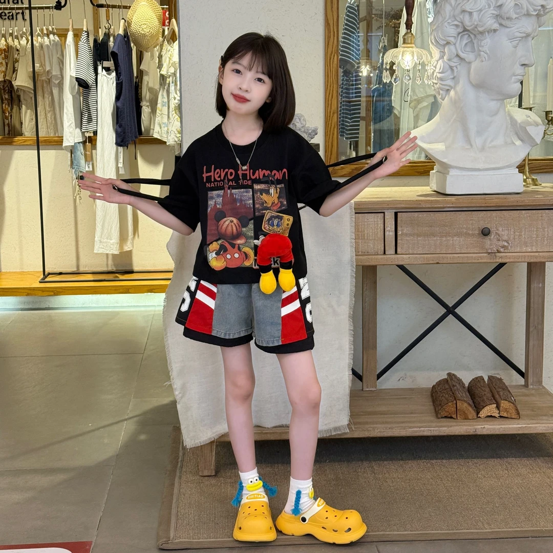 女童多巴胺玩偶短袖拼接牛仔短裤套装2025年新款印花短袖拼色短裤