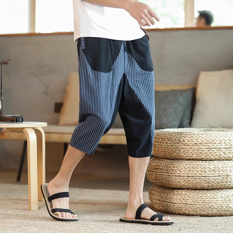 中国风男装休闲短裤夏季薄款撞色条纹直筒七分裤加大码潮牌运动裤