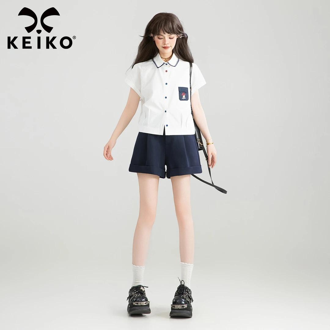 KEIKO 韩系通勤白色短袖衬衫女25夏季轻薄肌理感减龄显瘦短款上衣