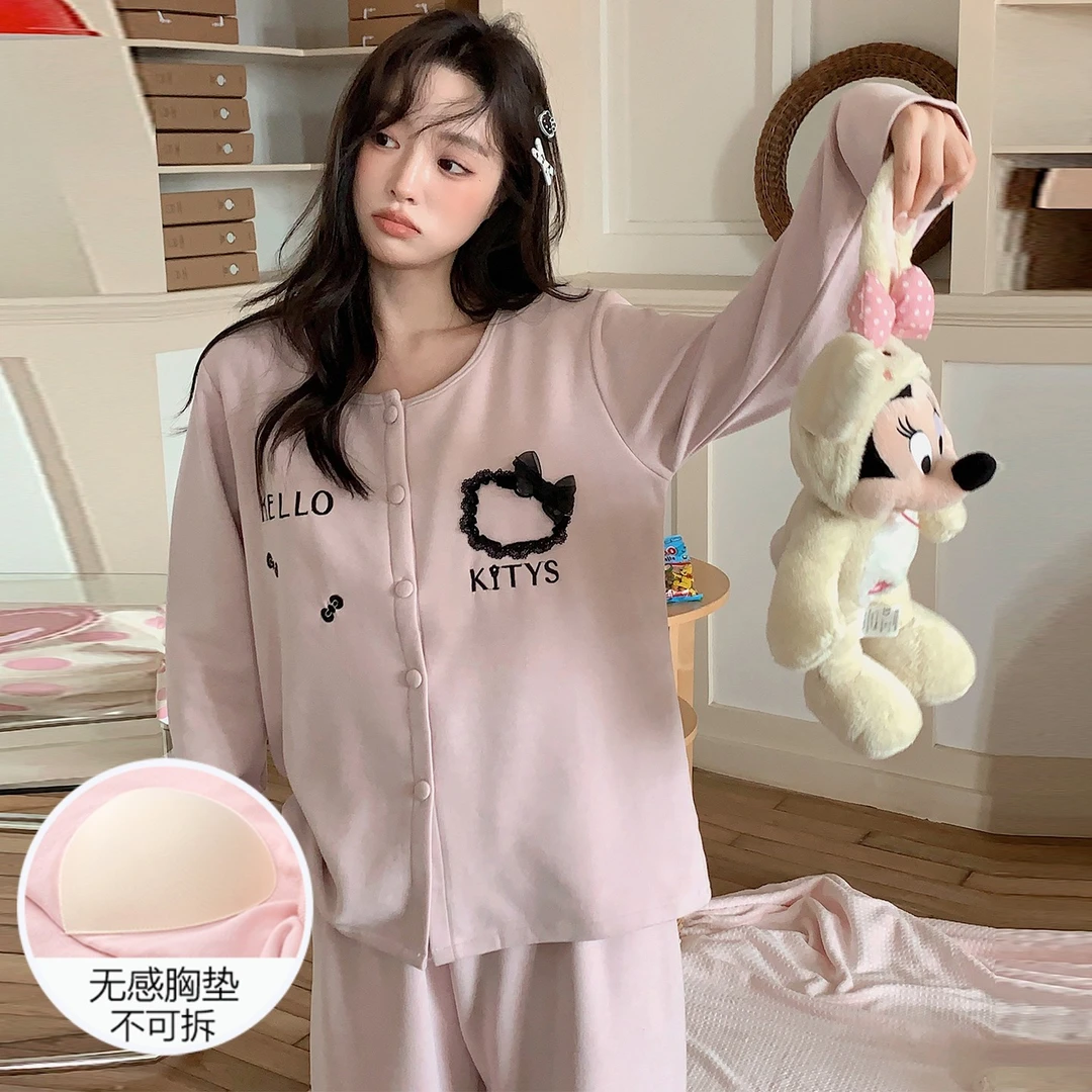 睡衣女士秋冬季网红风长袖保暖带胸垫2025新款开衫豆沙套装家居服