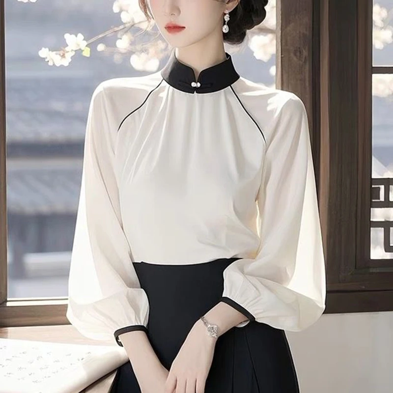 新中式国风盘扣立领衬衫女春季新款妈妈装高级感撞色独特漂亮上衣