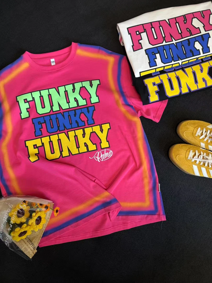 FR-【多巴胺5.0】字母发泡印花喷绘线条美式休闲情侣T恤