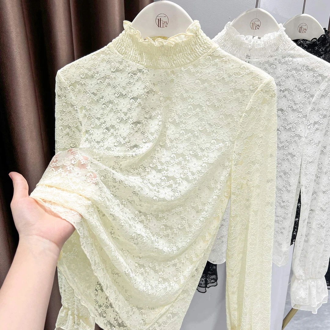 杏色设计感蕾丝长袖上衣女秋冬新款叠穿镂空内搭透气半高领打底衫