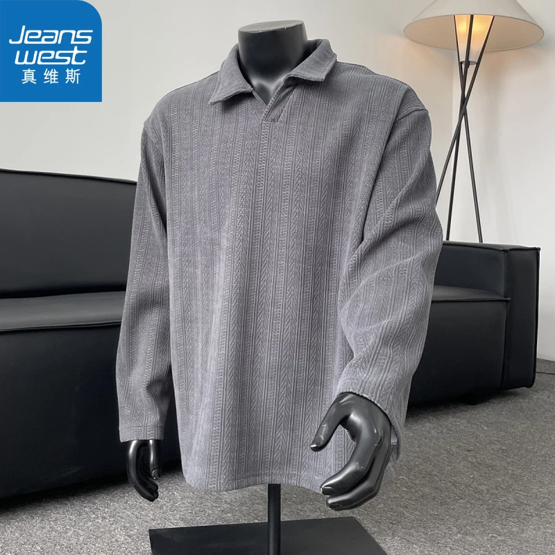 真维斯麦穗纹翻领卫衣男春秋美式潮牌重磅polo衫高级感内搭套头衫