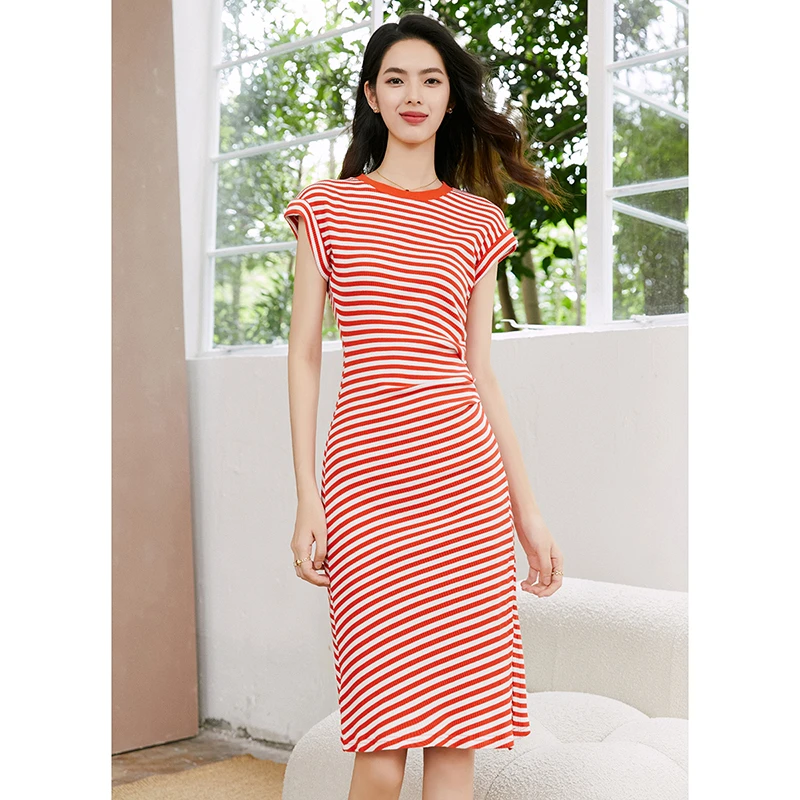 晚白新款圆领修身褶皱裙子时尚气质开叉无袖连衣裙24052805