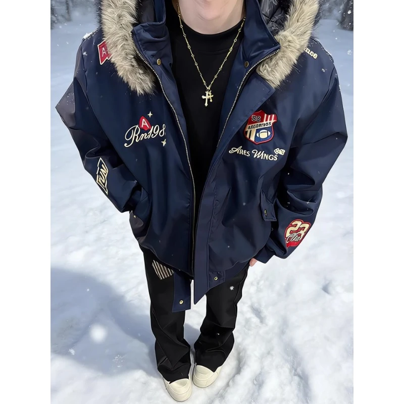 美式刺绣徽章座山雕棉服男款秋冬季痞帅复古加厚保暖派克服外套潮