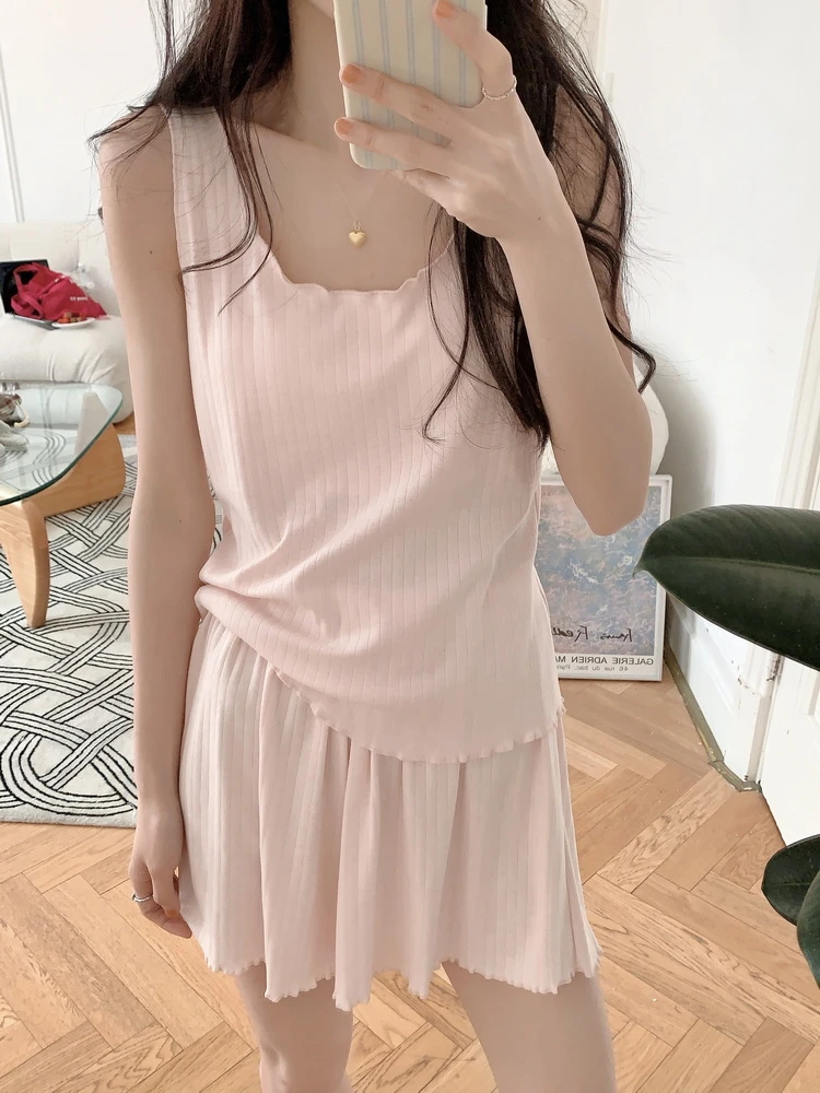 小心机可爱甜美纯色纯棉睡衣套装女款夏季无袖背心短裤宽松家居服