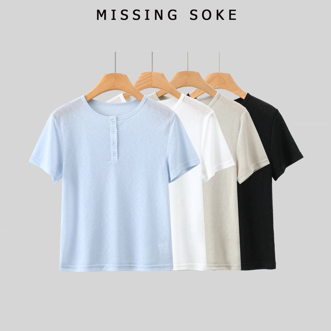 莱赛尔亨利领半开领纽扣短袖打底-3022