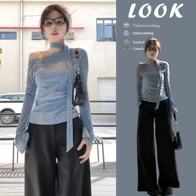 时尚穿搭女2025春季新款气质修身长袖斜肩针织衫阔腿休闲裤两件套