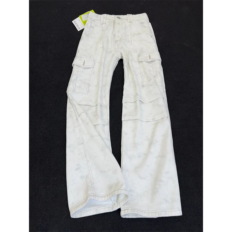 白色扎染伞兵工装裤男款美式hiphop褶皱裤子宽松脏脏微喇直筒裤