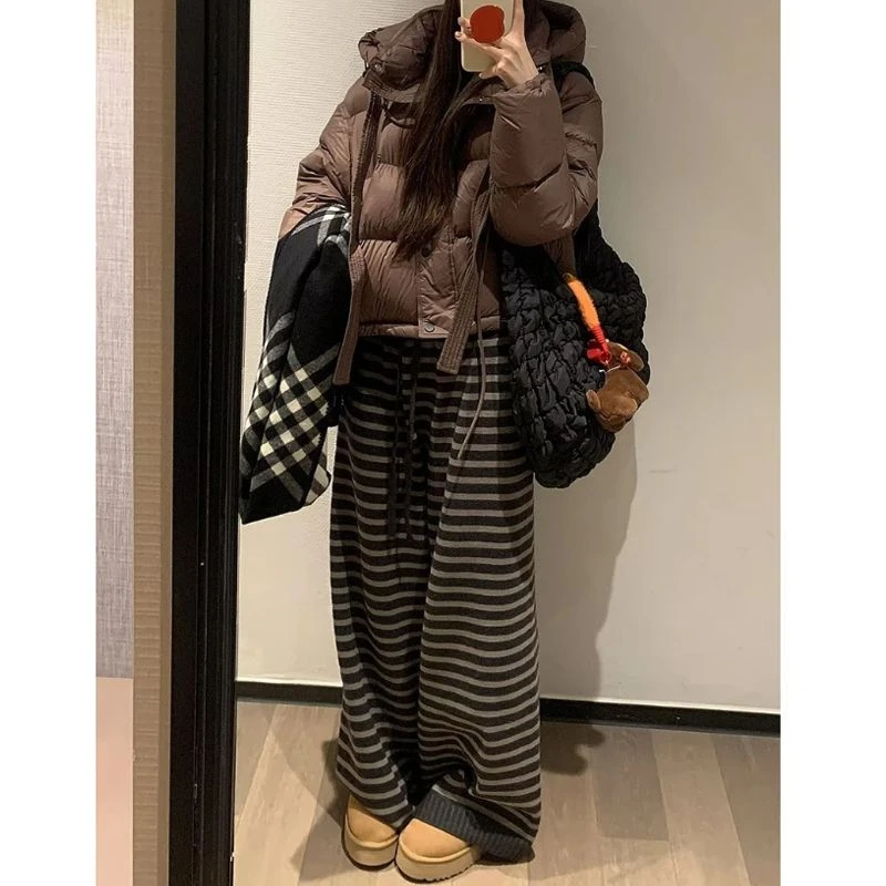 超绝松弛感经典款撞色条纹阔腿裤秋冬2024厚实保暖复古小众拖地裤