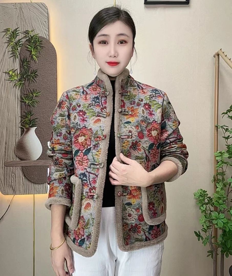 冬季加绒妈妈装棉衣气质休闲百搭女士复古立领外套