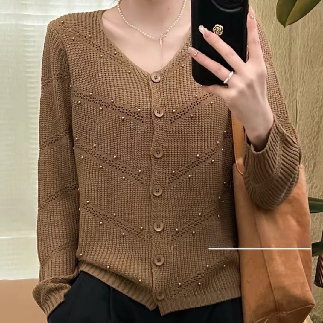 2025秋季新款时尚休闲订珠棉线针织开衫外套长袖针织衫外搭女