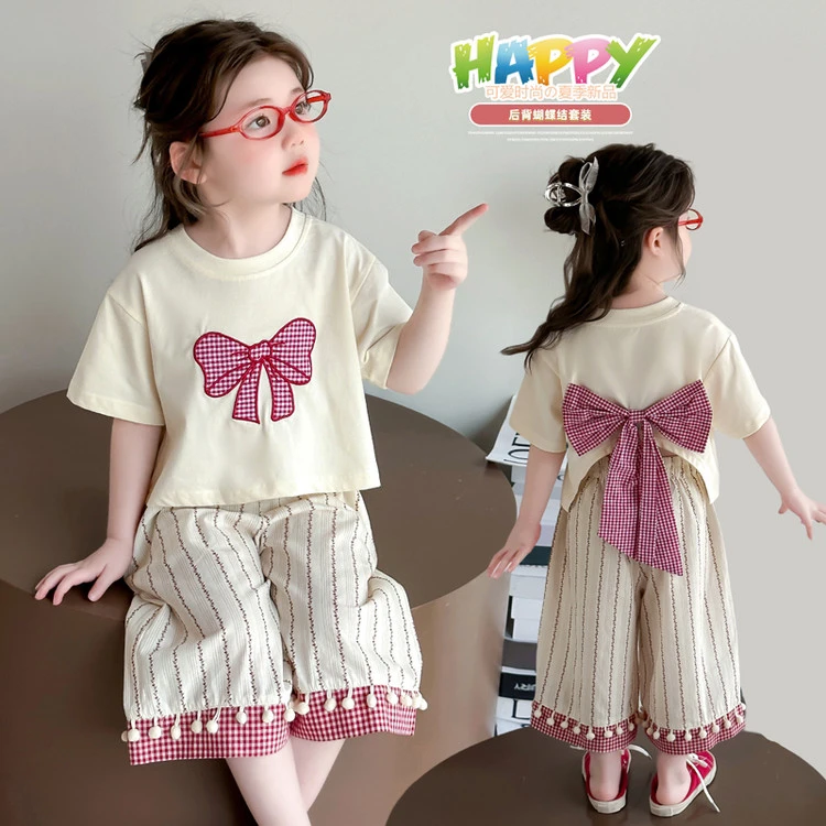 2025女童夏季新款套装甜美洋气蝴蝶结短袖格子阔腿裤两件套