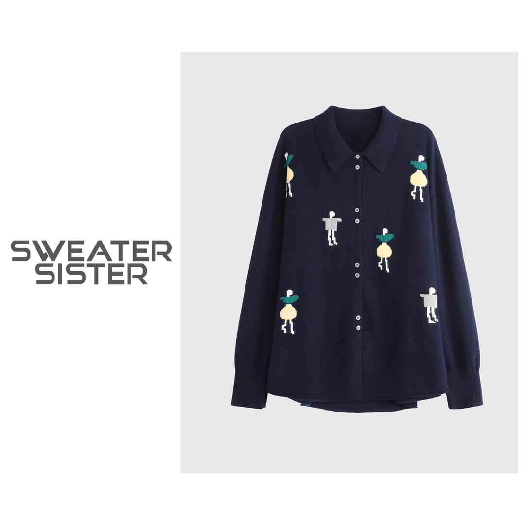 新款人物组合图案翻领长袖针织衫软糯羊毛开衫女249-25101