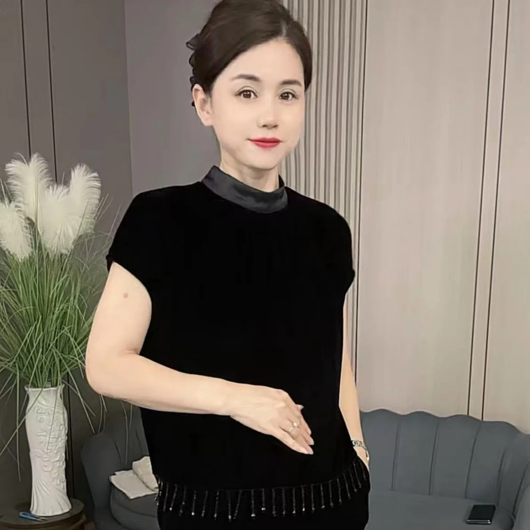 新款面膜丝绒时尚串珠流苏连肩袖气质上衣