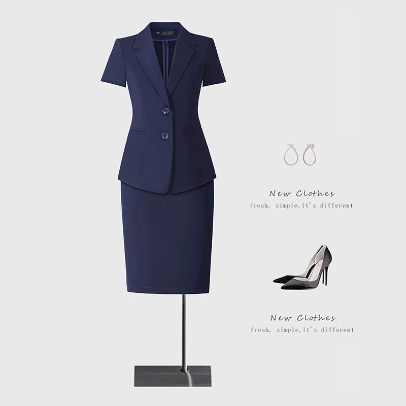 短袖西装套装女2025夏季新款蓝色工作服女士薄款商务通勤西服套裙