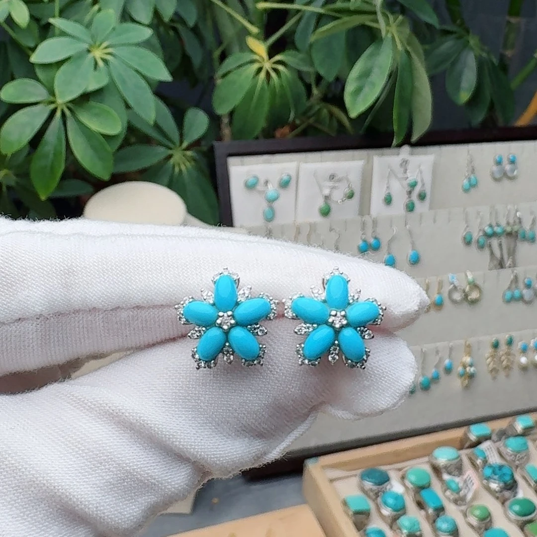 绿松石银S925镶嵌耳饰耳钉