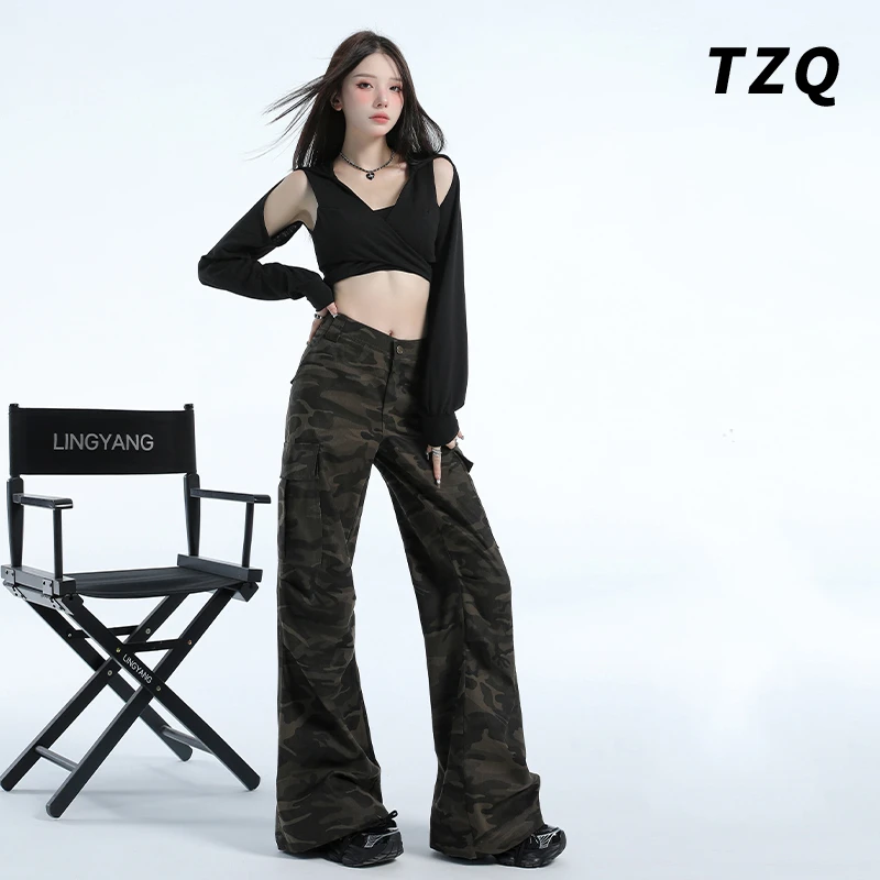 高街迷彩微喇工装裤女2024秋高腰显瘦直筒拖地喇叭裤TZQ93038