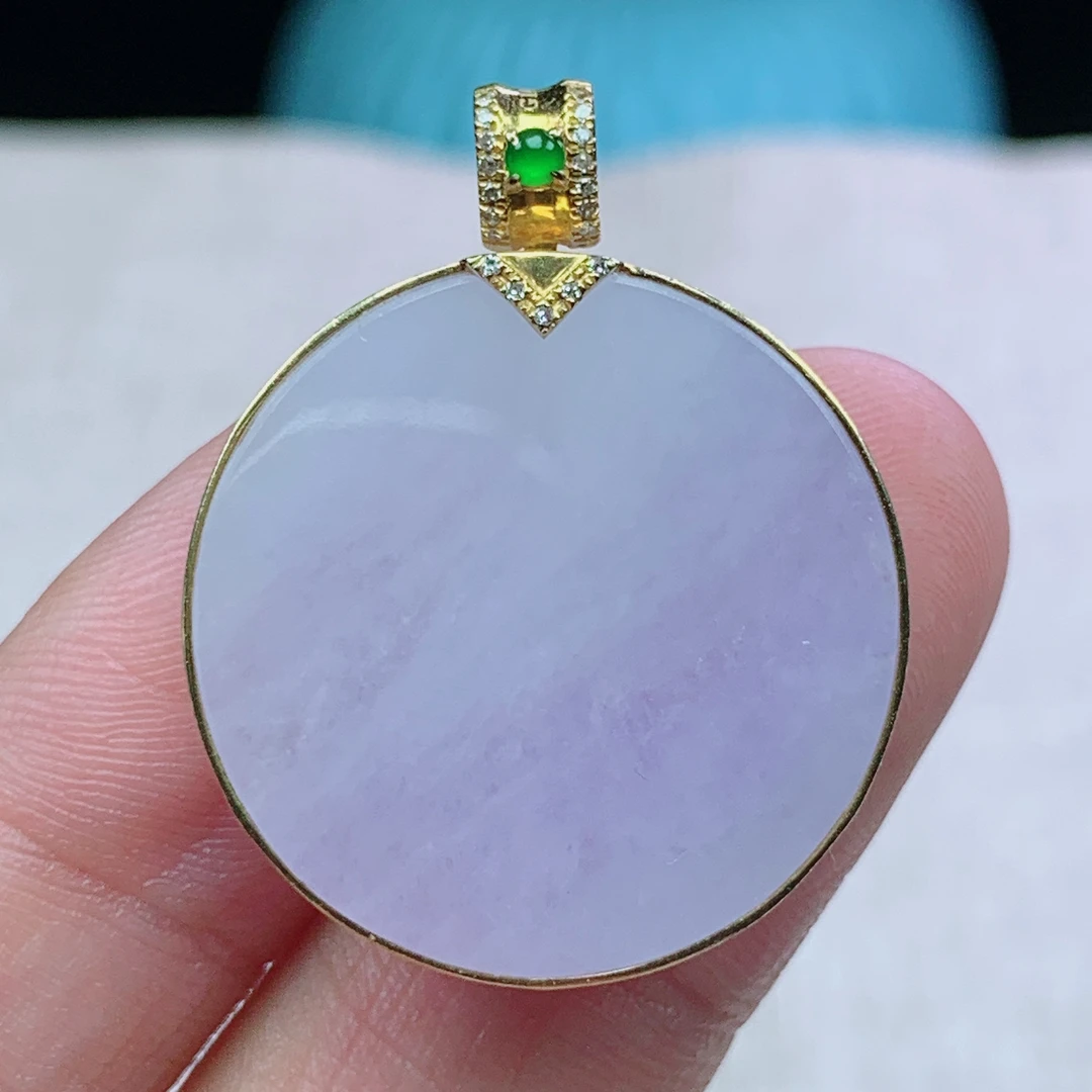 x缅甸天然翡翠A货24.5-5.6玉石18k金镶嵌紫罗兰无事牌吊坠礼物825