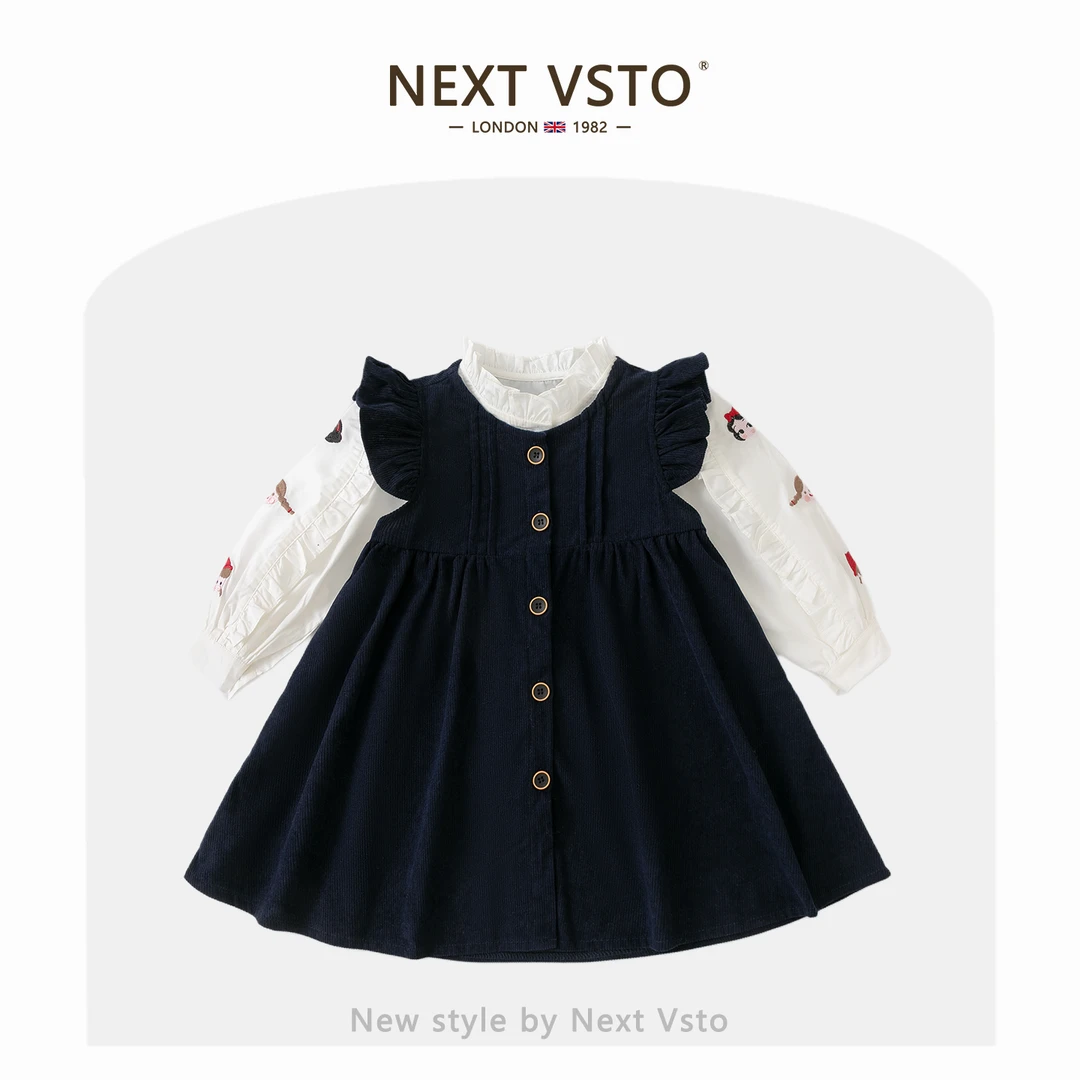 英国NEXT VSTO女童连衣裙春秋款洋气小女孩花边衬衫背心裙两件套