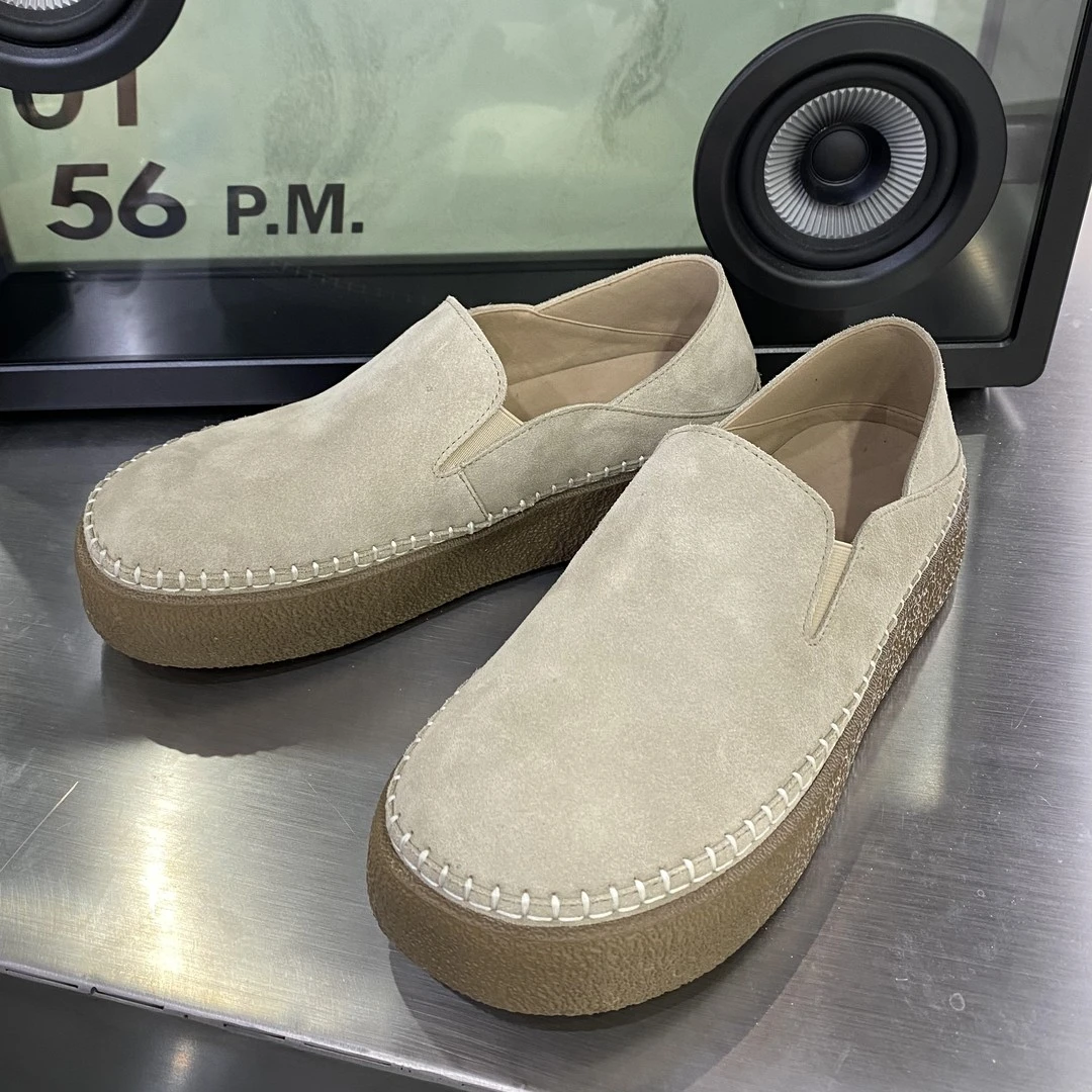 复古翻毛皮圆头皮面牛反绒轻便一脚蹬软底乐福鞋透气增高勃肯鞋男