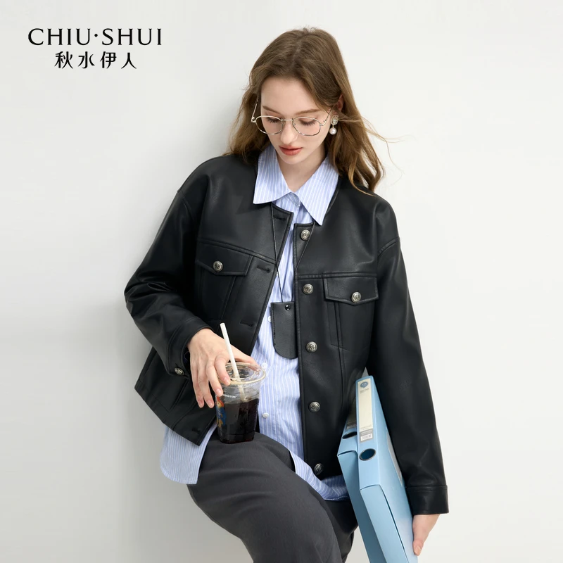 秋水伊人复古圆领皮外套2025年春季新款优雅短上衣625101A070151