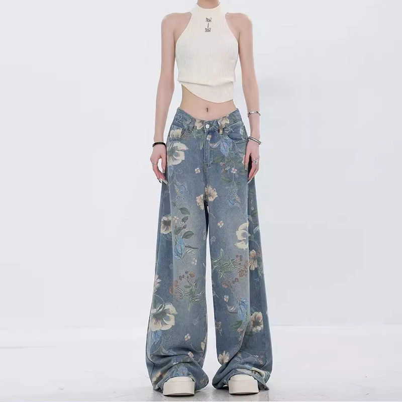 【现货】30866牛仔裤女秋季新款垂感宽松直筒阔腿拖地花卉牛仔裤