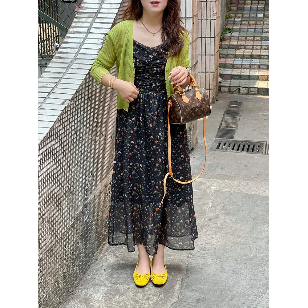 WenWen小个子韩系碎花显瘦打揽设计感遮肉连衣裙+外套套装3720