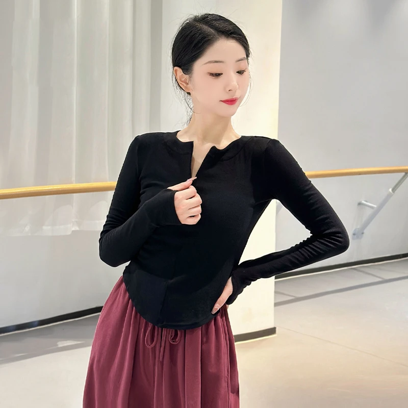 古典舞2025新款V领修身套指拉链长袖现代舞上衣秋冬练功服形体服