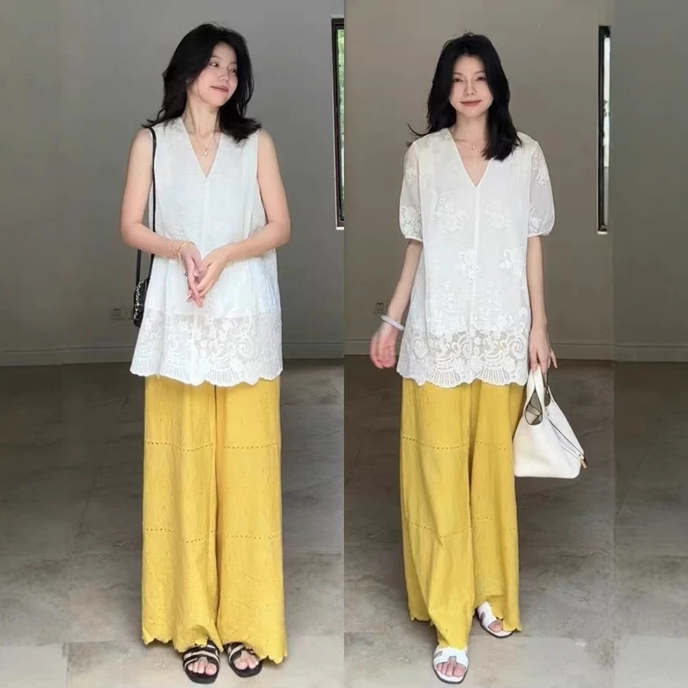 2025年新款天丝棉重工绣花宽松显瘦无袖上衣夏季百搭花边直筒裤女