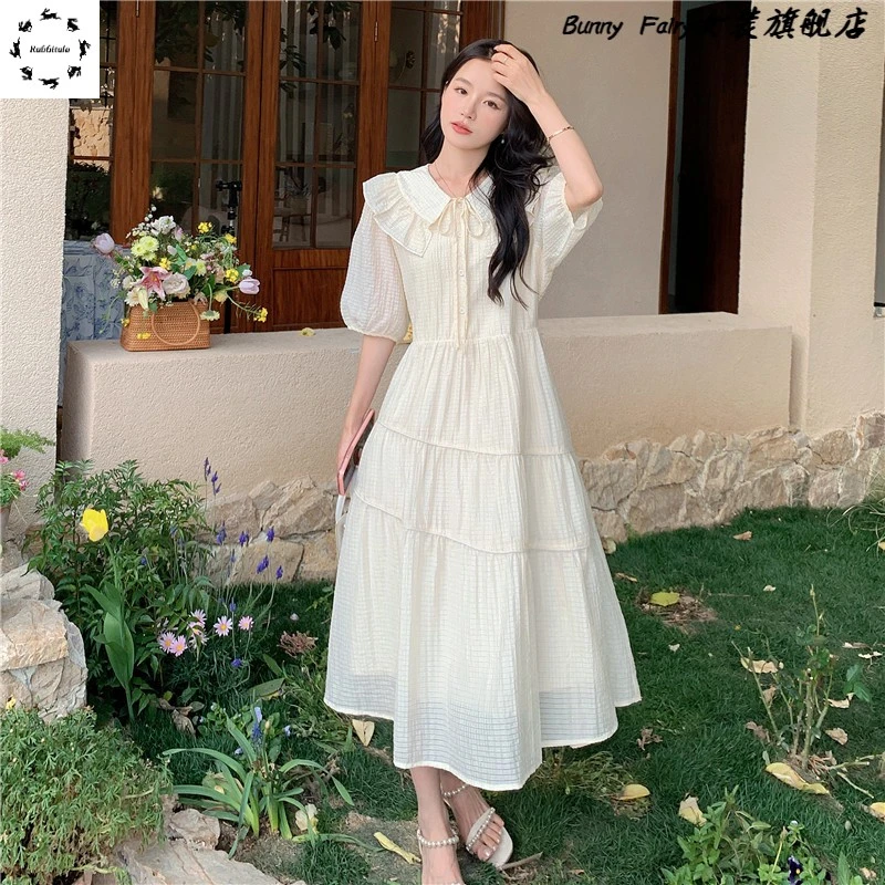 法式温柔少女甜美娃娃领连衣裙女夏季系带收腰显瘦学生仙女裙超仙