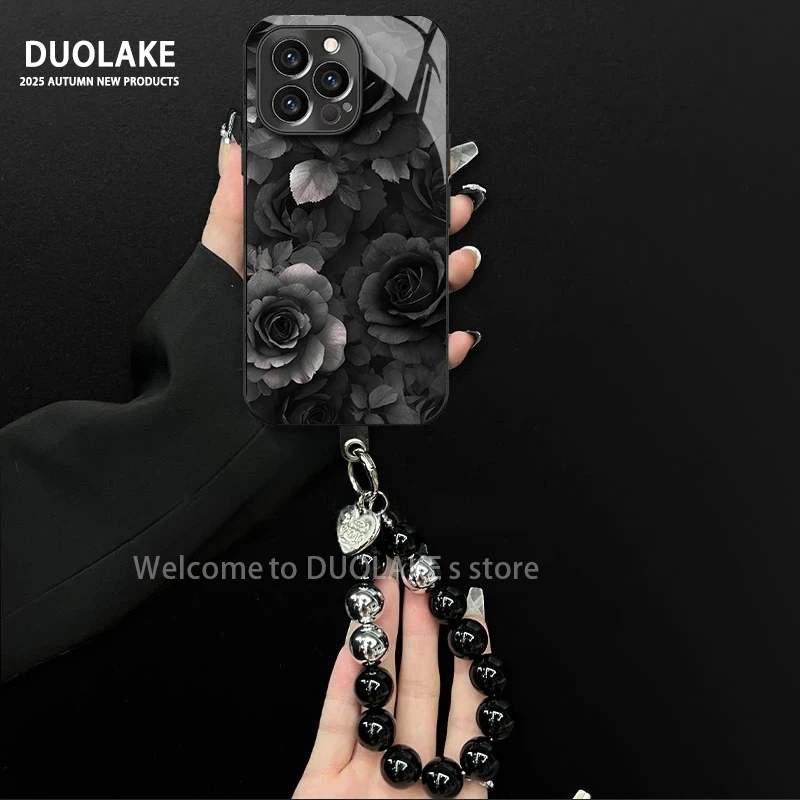 适用于苹果/oppo/华为/vivo/小米黑系玫瑰电镀玻璃手链防摔手机壳