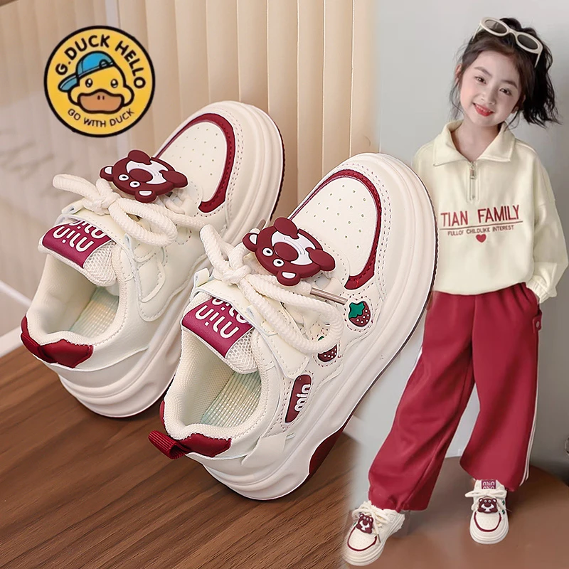 小黄鸭女童运动鞋2025新款秋季儿童休闲小白单网鞋透气板鞋皮面夏