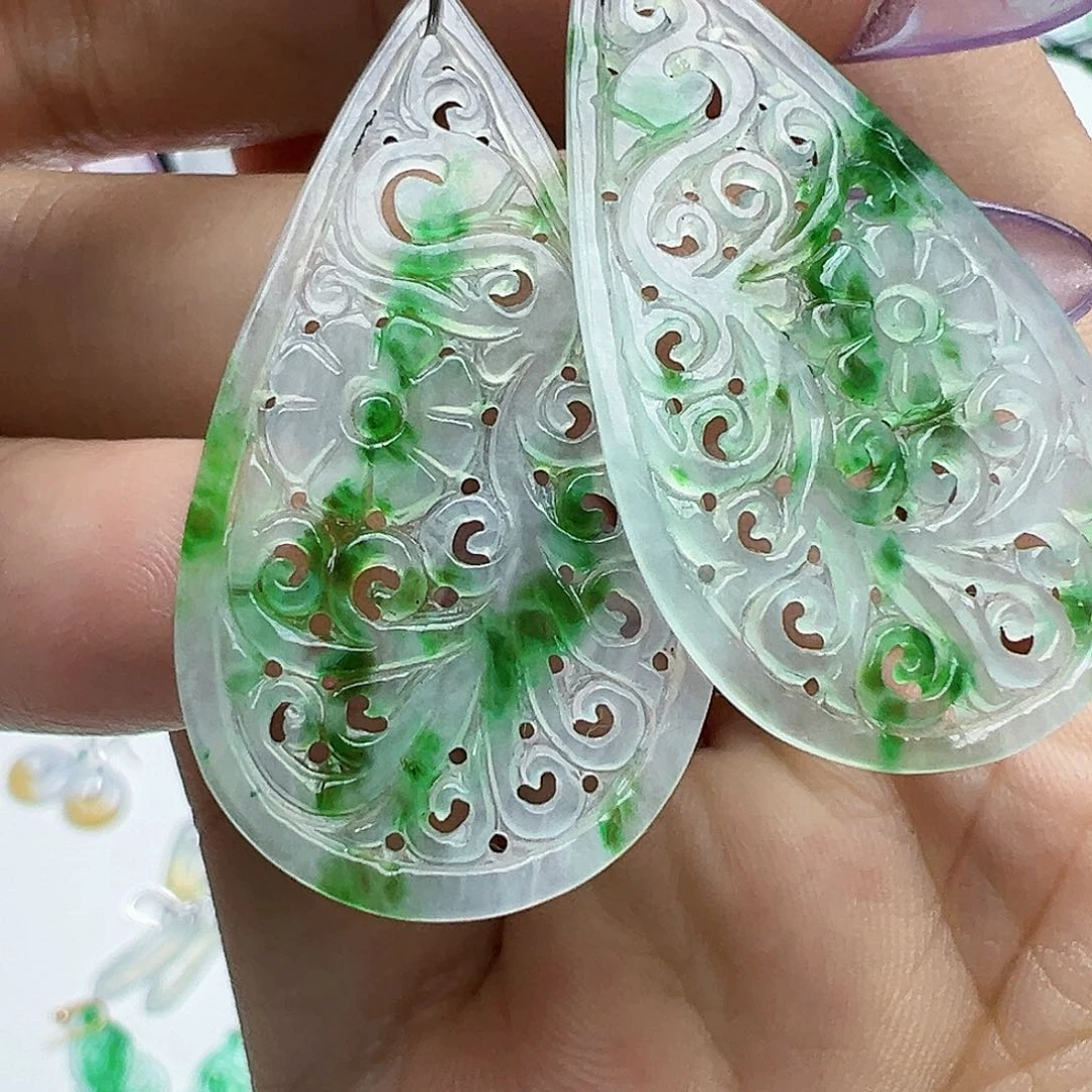 翡翠18K金镶嵌耳饰M***a天然缅甸A货翡翠