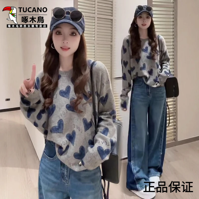 啄木鸟慵懒风长袖针织衫女2025秋季新款时髦洋气宽松爱心字母减龄