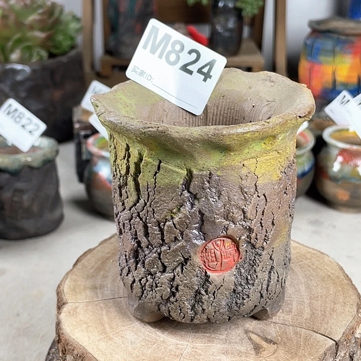 紫砂花盆孤品不规则油画山石 小老桩 外口9