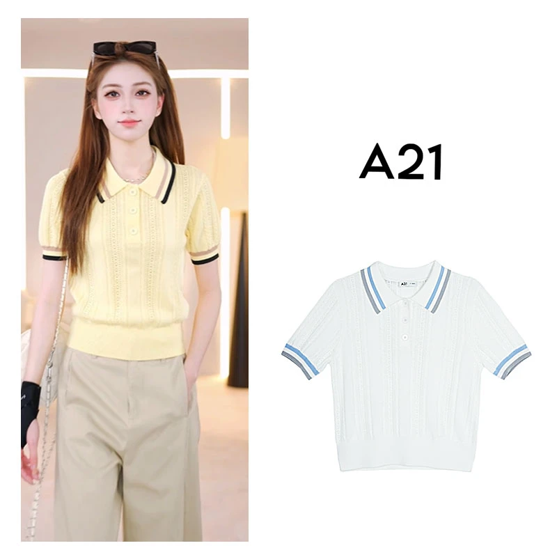 A21女装polo领镂空针织衫女夏季小个子气质泡泡袖上衣F442243011
