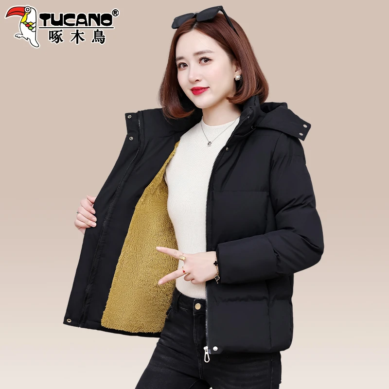 啄木鸟加绒加厚棉服女款冬季2025新款时尚洋气保暖棉衣黑色外套