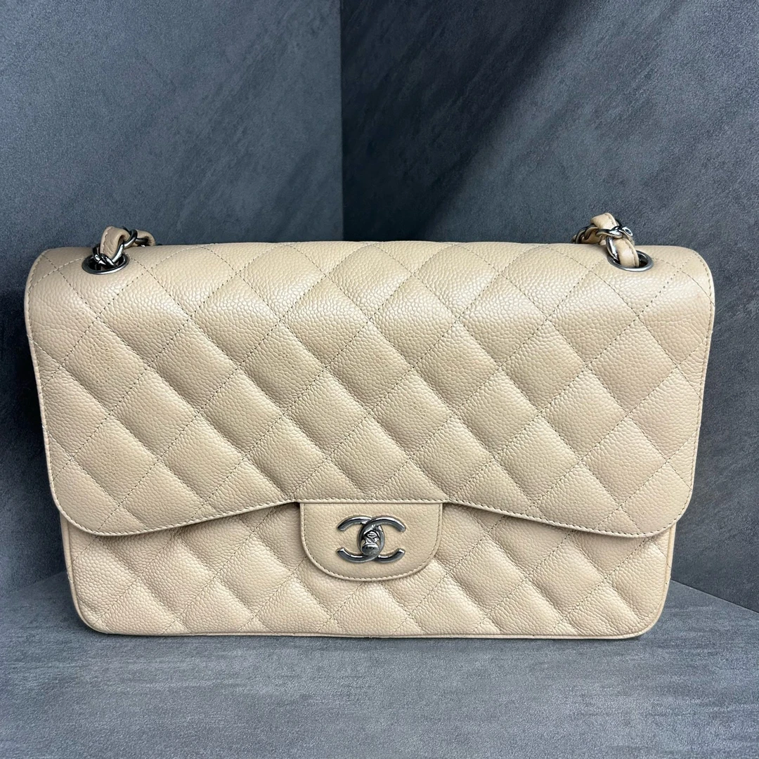 95新 Chanel/香奈儿 CF jumbo 米色银扣荔枝纹包 16开带卡