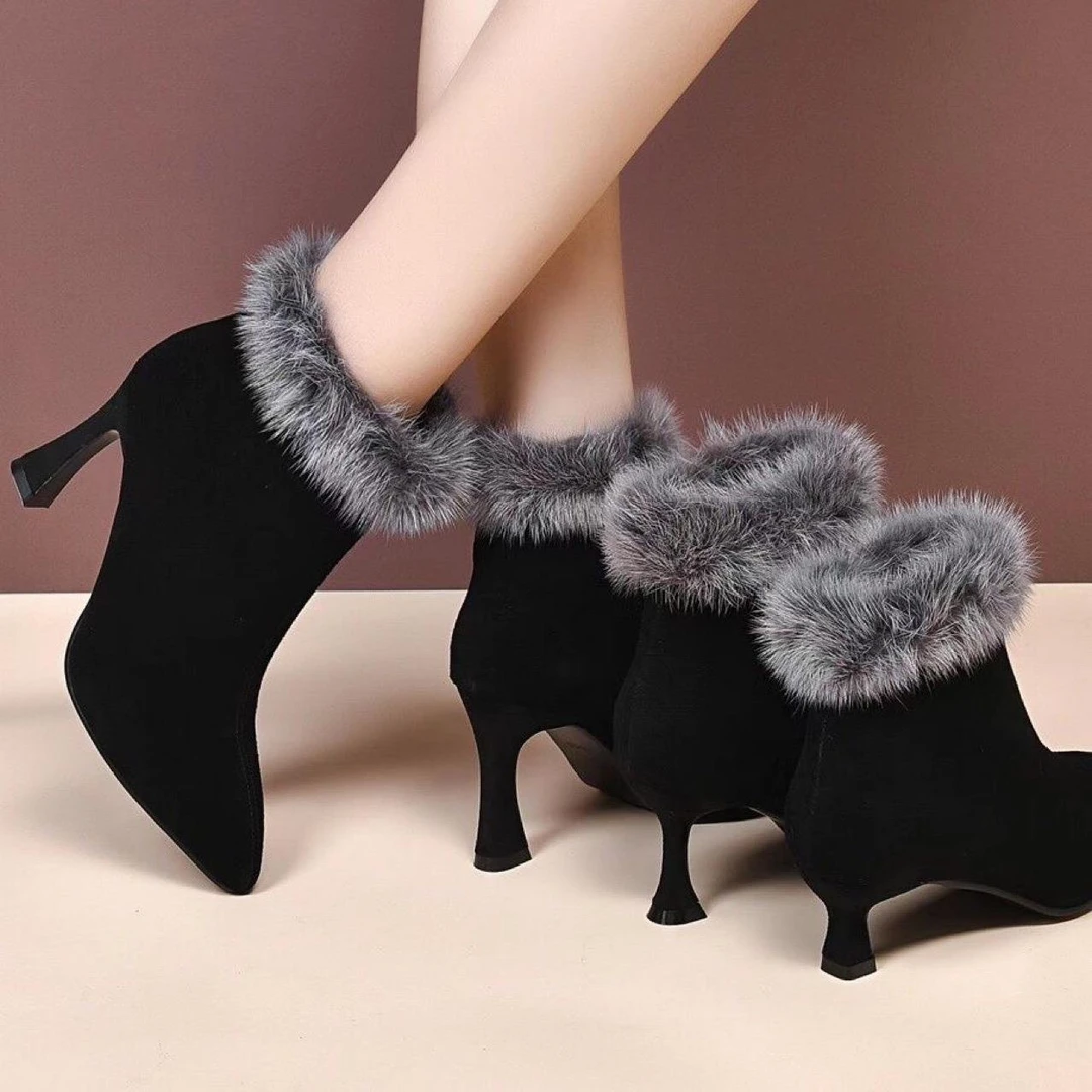 2025新款年新款秋冬季细跟小跟短靴女气质高跟鞋加绒真皮鞋磨砂女