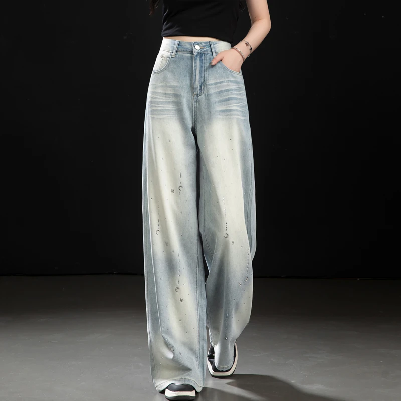 夏日薄款软牛仔裤女重工烫钻阔腿裤女宽松直筒长裤设计感水洗裤子