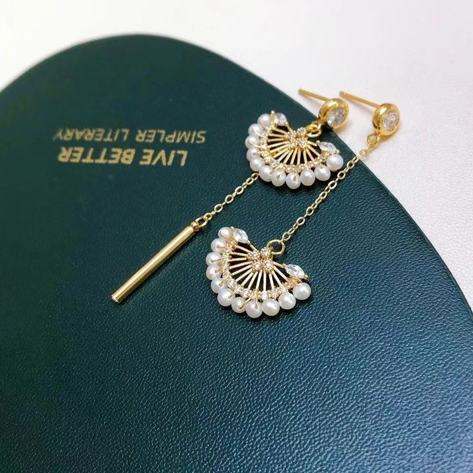 气质扇形不对称耳钉 不对称设计 3-4天然珍珠